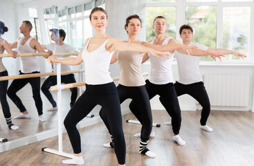 Fototapeta premium Active dancing young women and guys engaged in group classes in studio perform demi plie pose near ballet barre in modern gym