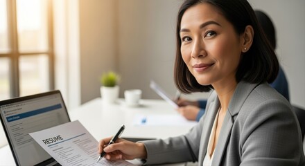 professional asian woman reviewing resume in modern office with colleagues and laptop