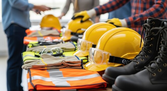 safety gear and equipment displayed on a table during a construction meeting