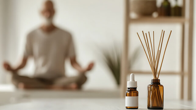 Focus on mindfulness and wellbeing with a man meditating in the background and essential oils & aroma sticks in the foreground, creating a peaceful and serene atmosphere.