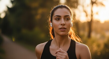young woman jogging with earphones on a sunny day in the park, feeling determined and focused