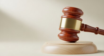 Wooden gavel on a round base in a courtroom setting with soft lighting and neutral tones