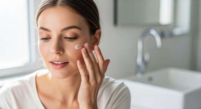 young woman applying skincare cream in bright bathroom setting, healthy glow and skincare routine