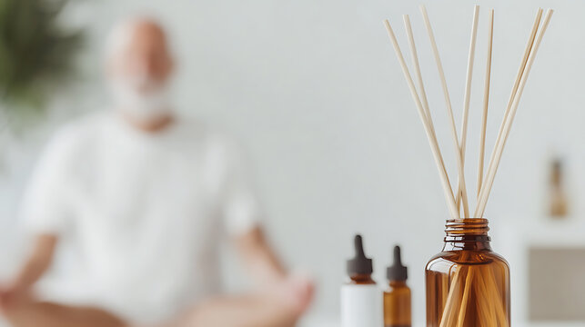 An elderly man with a beard meditates in the background. Aromatic reed diffuser in an amber bottle and essential oil bottles are in the foreground. Relax and enjoy aromatherapy.