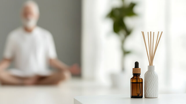 Harmony in stillness: An elderly man practices meditation in a serene space, while a diffuser exudes calmness and balance, blending inner peace with aromatic tranquility.