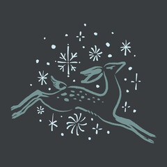 Winter Christmas New Year cute boho fairy tale baby rein deer without antlers animal icon print with snowflakes and evergreen brunches ornament elements, vector art flat dry brush cartoon hand-drawn