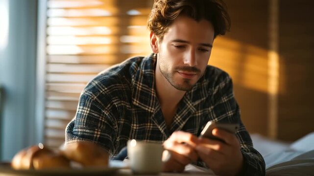 A young man in soft flannel pajamas chats with friends on his smartphone lounging on his bed morning light warm through wooden blinds a half eaten bagel on a plate beside him