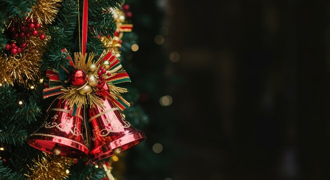 festive christmas tree adorned with red bells and golden tinsel in holiday setting