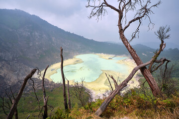 view of white crater with sulfuric gas in java in indonesia