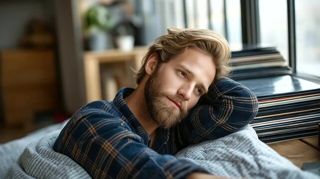 A young man with a beard and blond hair sleeps soundly in a loft bedroom morning light filtering through a skylight his quilt half off a stack of vinyl records on a shelf nearby
