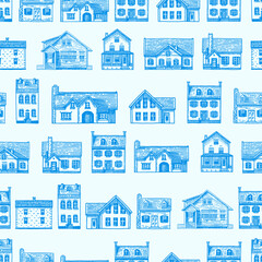American and European houses seamless pattern. French villa and mansion. Hand drawn, engraved building with one or two floors. Suburban Real estate property icon. Drawing