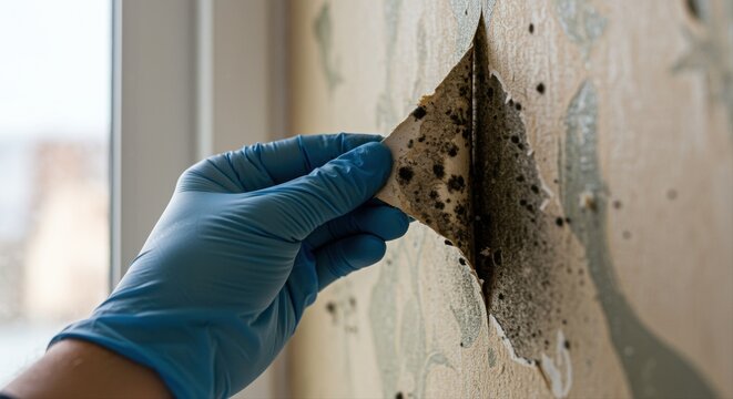 person wearing gloves inspecting wallpaper for mold in damaged home interior