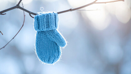 Single woolen mitten hanging on thin bare branch, soft natural light, cozy and winter composition