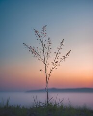 Fototapeta premium a single plant standing tall against a stunning sunset backdrop