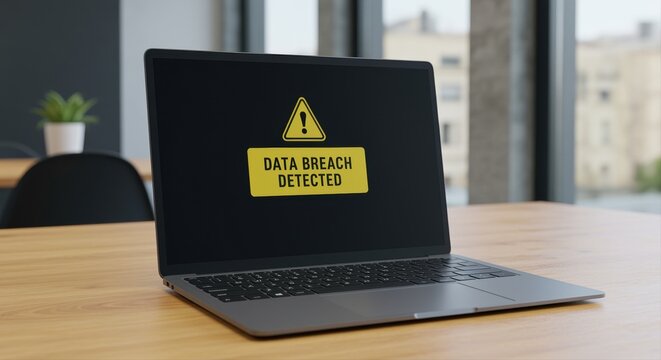 laptop on wooden desk with warning sign of data breach detected in modern office setting