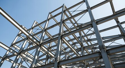 steel framework of new building under construction against blue sky on a sunny day