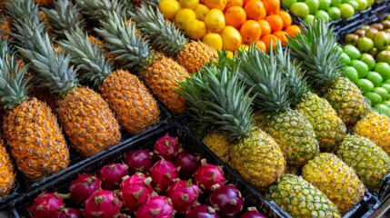 Colorful fresh pineapples and fruit in grocery store for healthy tropical food and nutrition