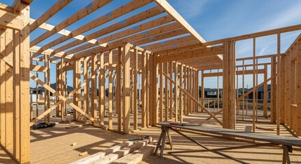 wooden frame structure of a suburban house under construction on a clear sunny day
