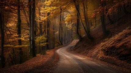 Obraz premium Winding dirt road through a vibrant autumn forest with golden leaves and dappled light