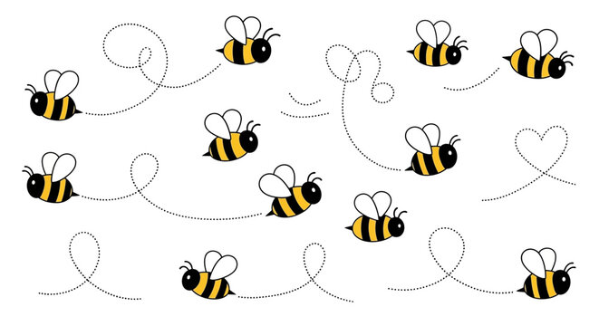 Animated Bees Flying with Trails on White Background.