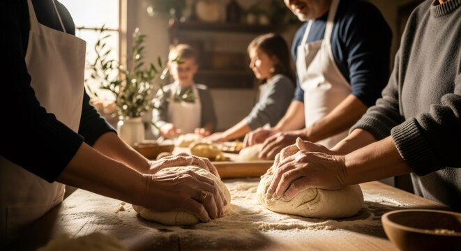 Family kneading dough for Thanksgiving dinner. Parents and children making bread together. Home baking and cooking lesson concept for holiday celebration.