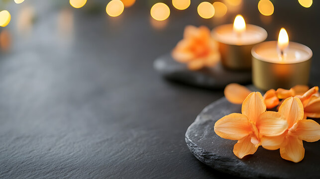 Candles and Flowers: A serene still life featuring glowing candles and delicate orange flowers arranged on dark stones against a backdrop of soft, blurred lights. - Powered by Adobe