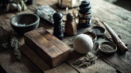 Rustic apothecary table with herbal tools and natural remedies for wellness, healing and holistic medicine concepts