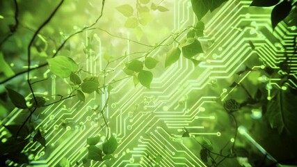 Conceptual fusion of lush green foliage and a glowing computer circuit board. Illustrating the harmony between sustainable technology. Environmental innovation. And renewable digital energy concepts