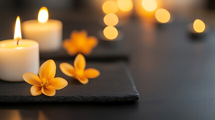 Serene setting featuring soft candlelight, complemented by delicate blossoms, offering a tranquil moment of relaxation and mindfulness. Perfect for a calming atmosphere.