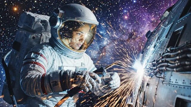 Astronaut in a space suit performing repair work on spacecraft with sparks flying outer space background