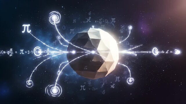 Abstract geometric sphere surrounded by mathematical symbols and visual effects