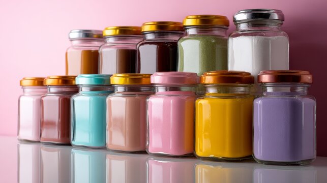 Colorful cosmetic powder jars in pastel tones for makeup branding, product packaging, spa or beauty salon visuals
