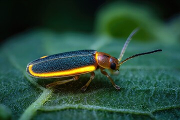 Fototapeta premium Glowing Firefly on Dewy Leaf at Night