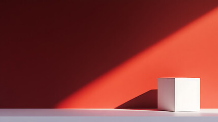 A minimalist stage featuring a bright white cube against a split terracotta background, illuminated by a beam of light, casting long shadows that enhance the visual depth and contrast.