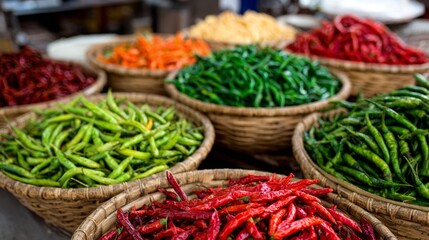Fototapeta premium Wicker baskets full of colorful fresh peppers in open market setting for organic farming or food visuals