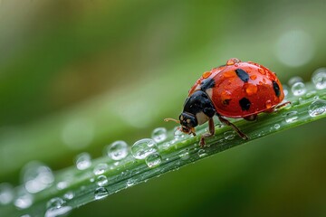 Fototapeta premium Ladybug With Dewdrops on Grass Blade