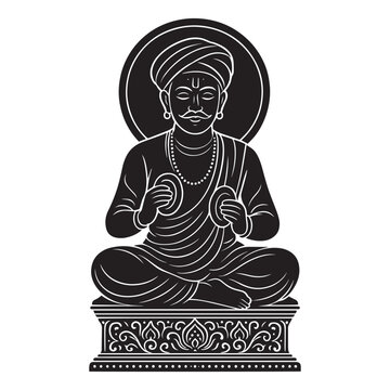 Saint Tukaram Vector Silhouette &ndash; Spiritual Marathi Saint Sitting in Meditation Pose with Traditional Attire and Halo