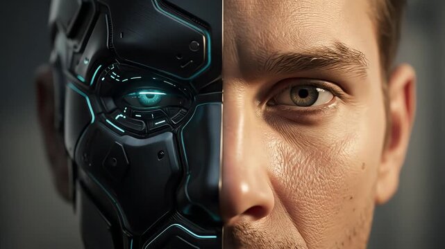 Human and artificial face split concept illustrating technology and biology