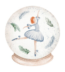 Crystal ball with a ballerina inside. Watercolor illustration, Snow globe Christmas decoration, winter holiday illustration. Gift, greeting card, seasonal object. © Elena