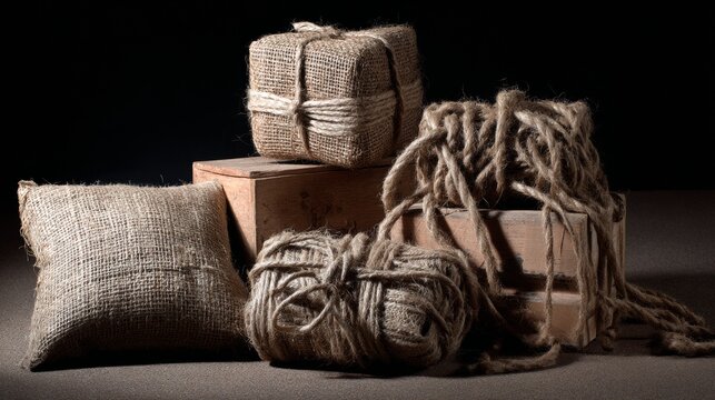 Vintage packaging with jute ropes and sacks for rustic shipping, natural branding or eco product display