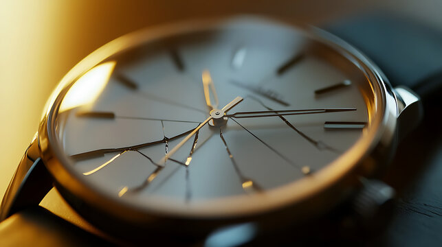 Close-up of a wristwatch with a cracked face, symbolizing broken time or shattered moments. A dramatic visual metaphor for the fragility of time and the impact of unexpected events.