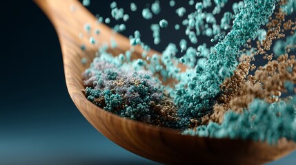 Wooden spoon pouring green and blue powder on dark background for food styling or ingredient visuals