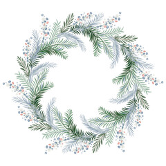 Watercolor Christmas wreath made of pine and spruce branches. Circular festive frame for card, template, or poster. Isolated illustration for winter design.