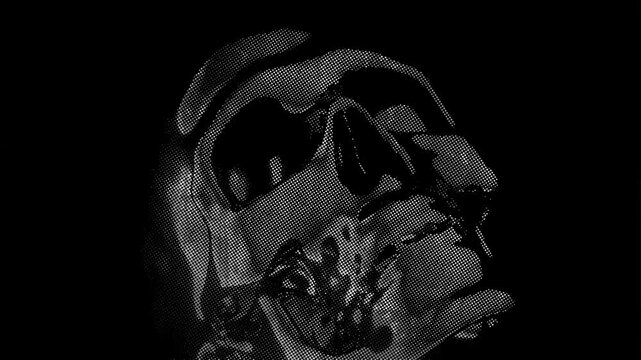 rotating human skull with halftone dot pattern and grunge textures on black background