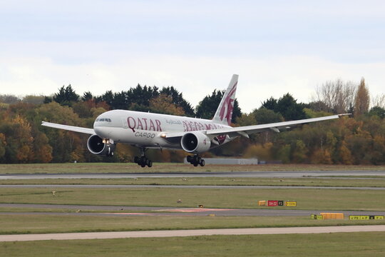 A7-BFG, Qatar Airways Cargo, Boeing 777F, arriving at London Stansted Airport, Essex, UK on 25th October 2025