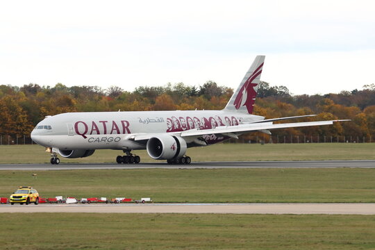 A7-BFG, Qatar Airways Cargo, Boeing 777F, arriving at London Stansted Airport, Essex, UK on 25th October 2025