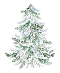 Watercolor cartoon Christmas tree without decorations. Hand drawn pine illustration for winter design and holiday card. Isolated evergreen element.