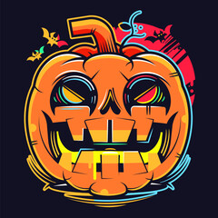 Halloween pumpkins, bats, a cemetery and a scary castle against the backdrop of a spooky big orange moon. Festive flyer, poster or banner. Vector illustration.