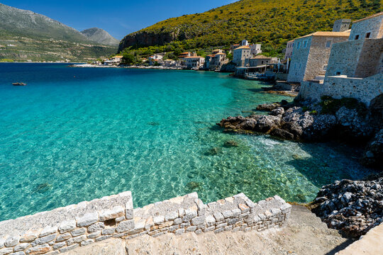 Greece, Mani Peninsula, Laconia, Limeni - 3 April 2024 - A glimpse of the city of Limeni with its crystal clear sea