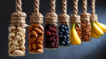 Glass bottles filled with colorful dry fruits and nuts hanging vertically for health snack packaging or food decor visuals